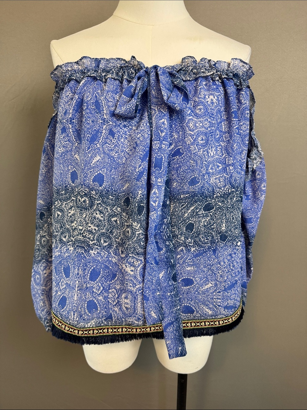 Vintage Havana Sz S Blue White Floral Off Shoulder Bell Sleeve Boho Peasant Top